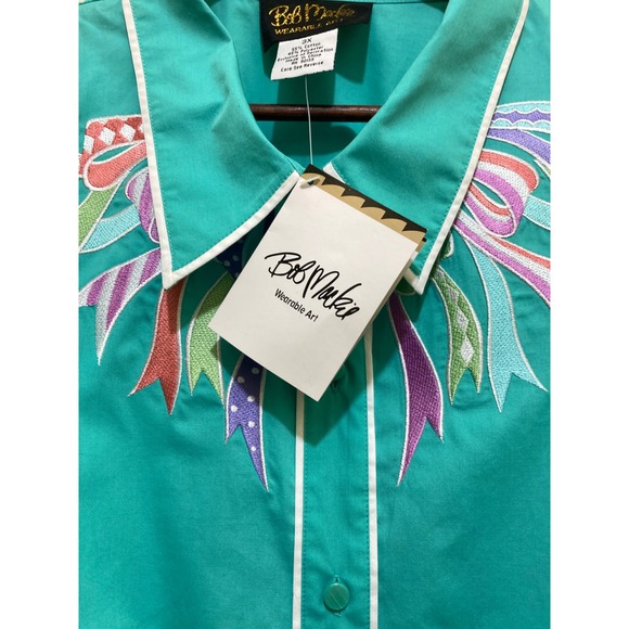 Bob Mackie Wearable Art Women's 3X Button Down Top Green Ribbon Graphic - Picture 6 of 13